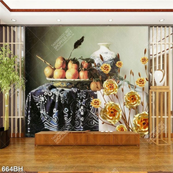 Tranh bình hoa psd cành hoa hồng dáp vàng bên bàn trái cây