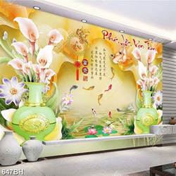 Tranh bình hoa trang trí cành hoa lục bình trong bình gốm