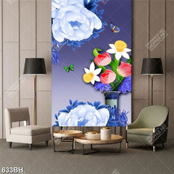 Tranh bình hoa in canvas những chú bướm xanh bên mẫu đơn