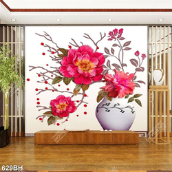 Tranh bình hoa mẫu đơn đỏ thắm trong bình gốm sứ trang trí