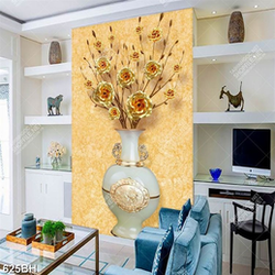 Tranh bình hoa hồng dáp vàng trong bình gốm sứ dán tường