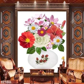 Tranh bình hoa dâm bụt đỏ khoe sắc trên tường trắng in uv