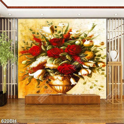 Tranh bình hoa trang trí những bông hồng trên tường vân đá