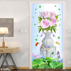 Tranh bình hoa mẫu đơn bên hồ sen và đàn cá chép vàng psd