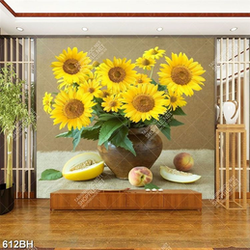 Tranh bình hoa in uv những trái đào bên bông hướng dương