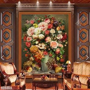 Tranh bình hoa mẫu đơn khoe sắc trên bàn trái cây in canvas