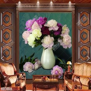 Tranh bình hoa in uv cành hoa mẫu đơn trắng trên tường xanh