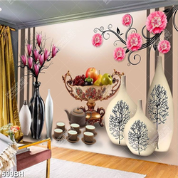 Tranh bình hoa decor những chiếc bình hoa bên bình trà ấm