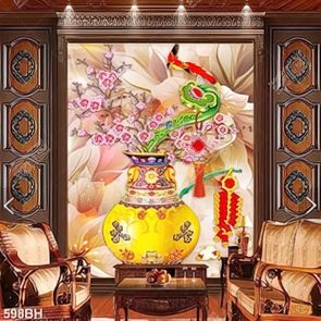 Tranh bình hoa đào khoe sắc hồng trên nền phát sáng dán tường