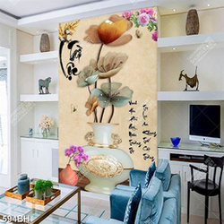 Tranh bình hoa in uv bông hoa phù du màu xanh bên chú bướm