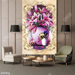 Tranh bình hoa sơn dầu bông hoa lyly màu tím dán tường