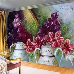 Tranh bình hoa 3d hoa tím bên những bình gốm dán tường