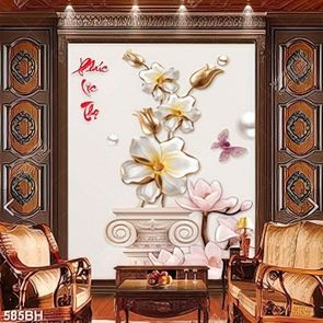 Tranh bình hoa in uv bông hoa mộc lan vàng bên viên ngọc trai