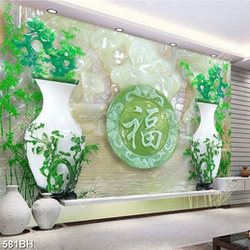 Tranh bình hoa 3d bình hoa mai giả ngọc bích bên chữ phúc