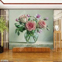 Tranh bình hoa trang trí hoa hồng nhung trong bình thủy tinh