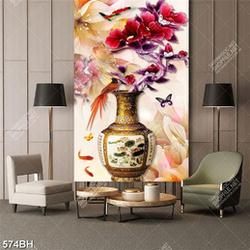 Tranh bình hoa dán tường chú chim ri đậu trên bình mẫu đơn Tranh bình hoa dán tường chú chim ri đậu trên bình mẫu đơn