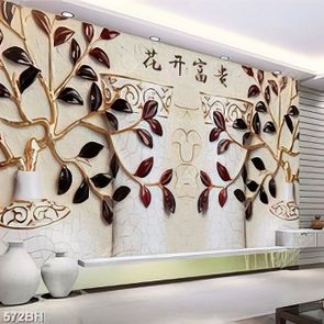 Tranh bình hoa 3d những cành lá giả ngọc trên bức tường