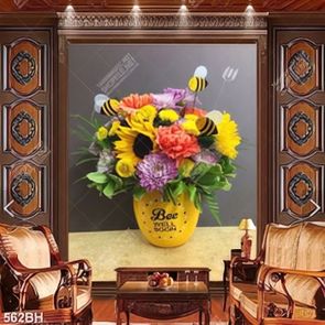 Tranh bình hoa treo tường hoa hướng dương xen hoa cúc vàng
