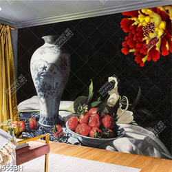 Tranh bình hoa in canvas chiếc bình gốm cổ bên hoa mẫu đơn