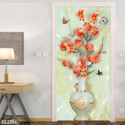 Tranh bình hoa in uv cành hoa đào bên đàn bướm xinh đẹp