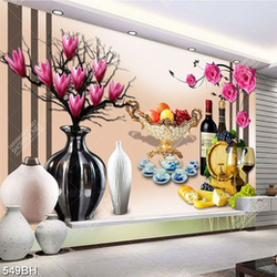 Tranh bình hoa nghệ thuậtnhững chai rượu vang bên hoa hồng