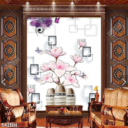 Tranh bình hoa trang trí hoa mộc lan bên ba bình gốm sứ