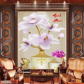 Tranh decor bình hoa mộc lan bên bình hoa phong lan tím Tranh decor bình hoa mộc lan bên bình hoa phong lan tím