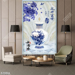 Tranh bình hoa dán tường chiếc bình gốm bên mẫu đơn xanh