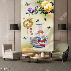 Tranh bình hoa in canvas cành hoa mẫu đơn bên đôi chim non