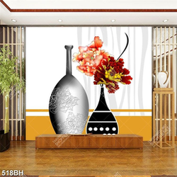 Tranh bình hoa 3d hai bông hoa mẫu đơn bên bình gốm sứ
