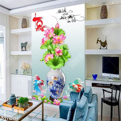 Tranh bình hoa sen hồng bên đàn cá sim betta treo tường