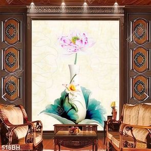 Tranh bình hoa in uv bông hoa sen hồng trong bình gốm sứ