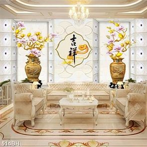 Tranh bình hoa những cành mộc lan dáp vàng bên chữ tàu psd