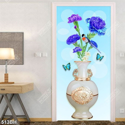 Tranh bình hoa mẫu đơn xanh lam và đôi bướm nghệ thuật