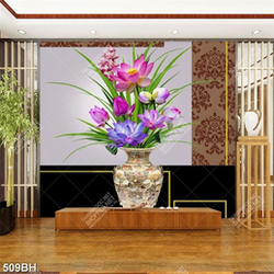 Tranh bình hoa 3d những bông hoa sen bên tường họa tiết