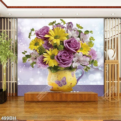 Tranh bình hoa hồng tím và hoa cúc vàng treo tường