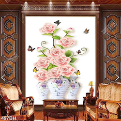 Tranh bình hoa hồng nhung bên đàn bướm trang trí