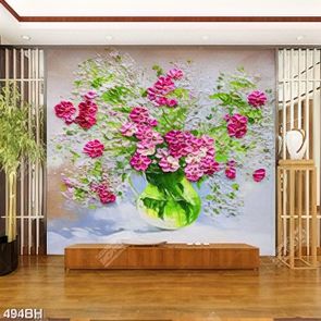 Tranh bình hoa decor những bông hoa nhí trên bình gốm