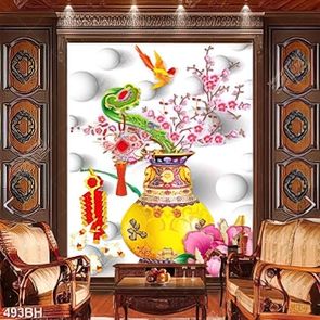 Tranh bình hoa đào bên bông hoa mẫu đơn dán tường