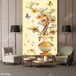 Tranh bình hoa in 3d cành mộc lan bên chú bướm xinh