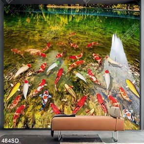 Tranh hồ cá koi phong thuỷ decor tường in kính
