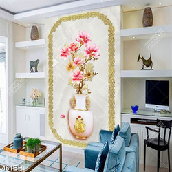 Tranh bình hoa trang trí cành mộc lan trên tường vân đá
