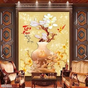 Tranh bình hoa mộc lan bên cành hoa mai giả ngọc psd