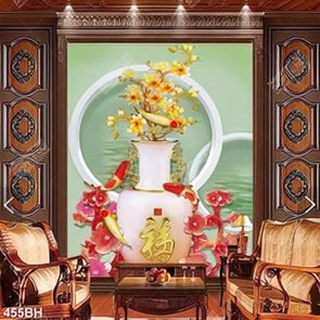 Tranh bình hoa mộc lan bên cành hoa mai giả ngọc 3d