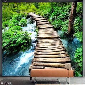 Tranh trang trí tường cây cầu gỗ bắt qua con suối file gốc