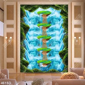 Tranh in sàn 3D cây cầu bắt qua thác nước file psd
