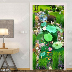 Tranh in sàn 3D hoa sen cá chép trên con suối nhỏ file gốc