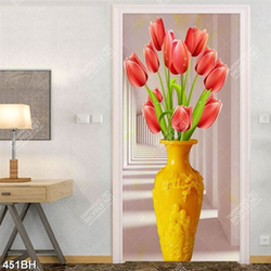 Tranh bình hoa tulip màu hồng trên hàng lang psd