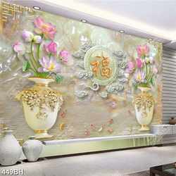 Tranh bình hoa sen hồng bên chữ phúc giả ngọc decor