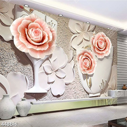 Tranh bình hoa dán tường bông mẫu đơn hồng giả ngọc